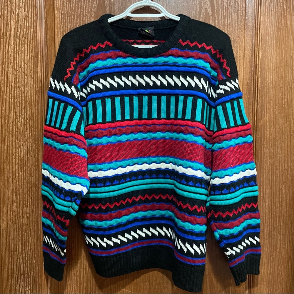 1990’s Out of Bounds “Coogi” Style Vibrant Striped Crewneck Sweater Women Size M